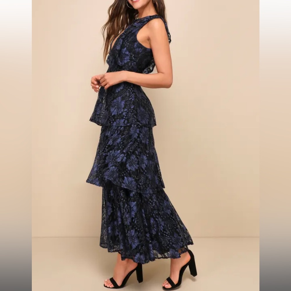 Lulus Molinetto Navy Blue Lace Ruffled Tiered Sleeveless Maxi Dress - Picture 3 of 6